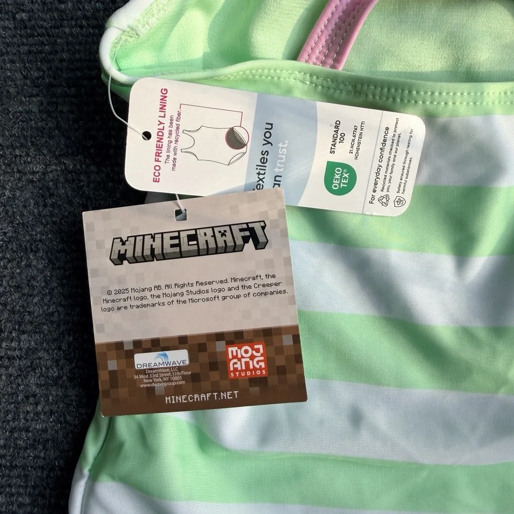 NWT Minecraft Girls One Piece Swimsuit Bathing Suit Stripes UPF 50+ Green M 7/8